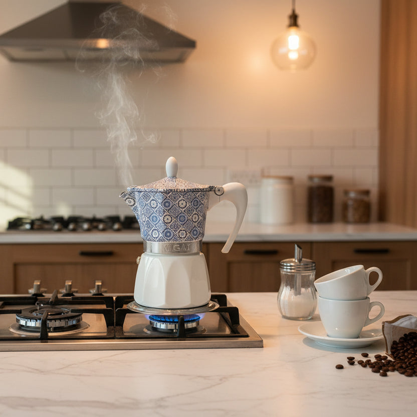 Cafetière Italienne Moka G.A.T. "Fantasia" – Design Azulejos & Corps Aluminium | 3 Tasses
