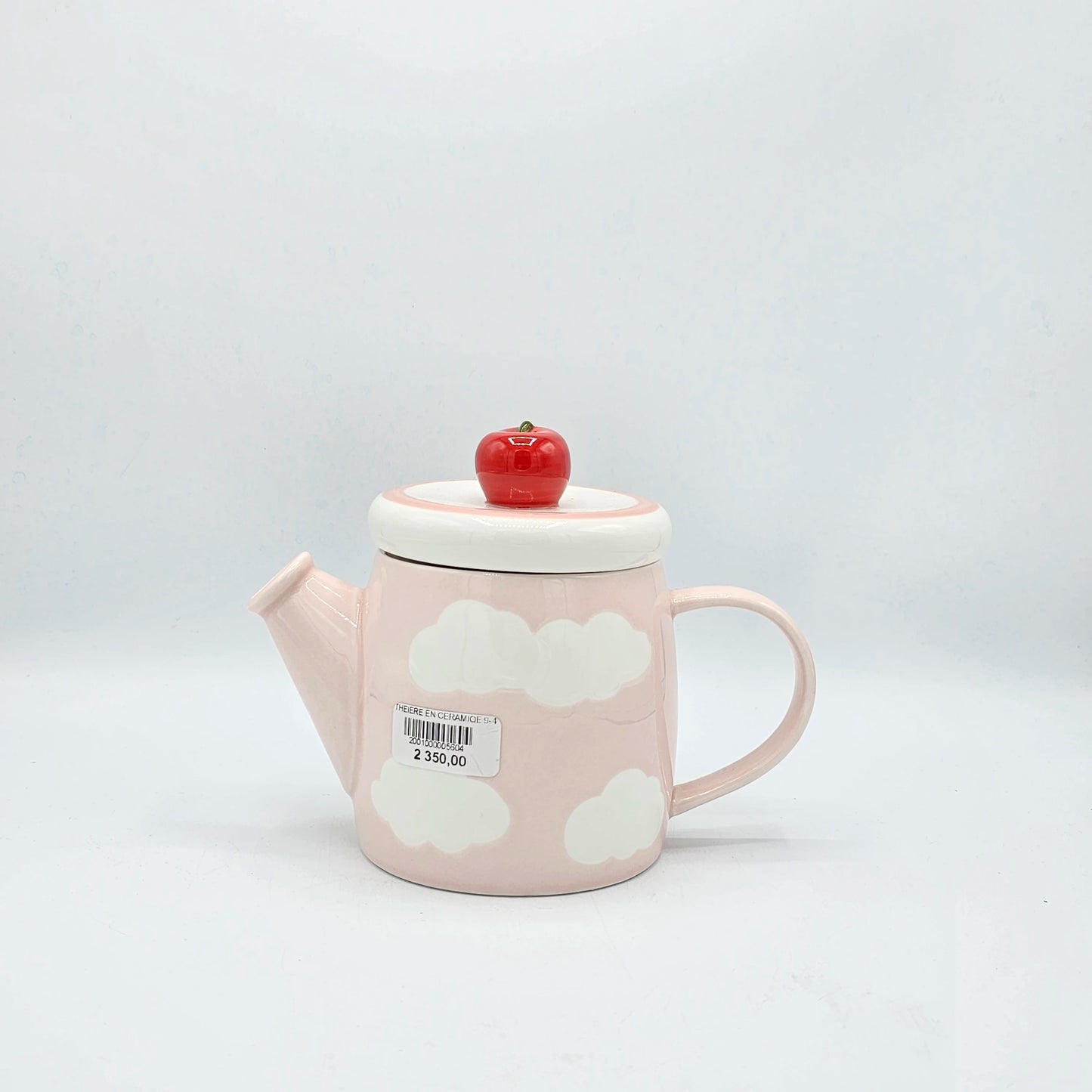 Théière en Céramique Nuage Rose – Couvercle Pomme Rouge Mignon
