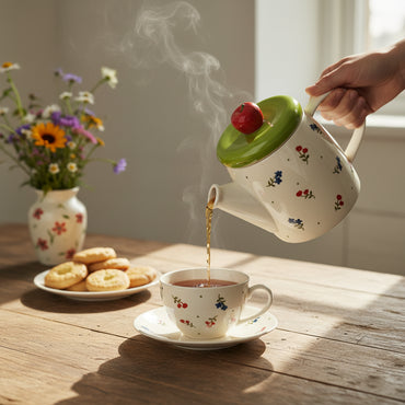 Théière en Céramique Champêtre – Couvercle Vert et Pomme Rouge