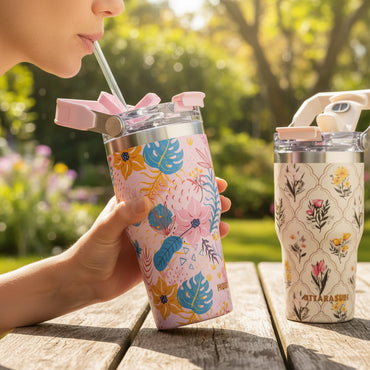 Tasse de Voyage Isotherme Premium – Motif Floral avec Anse Rétractable