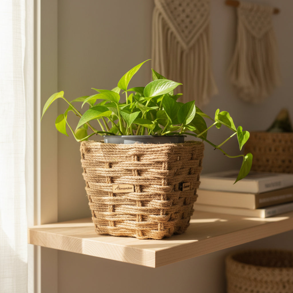Mini Cache-Pot Carré en Jute Tressé Naturel – Élégance Bohème