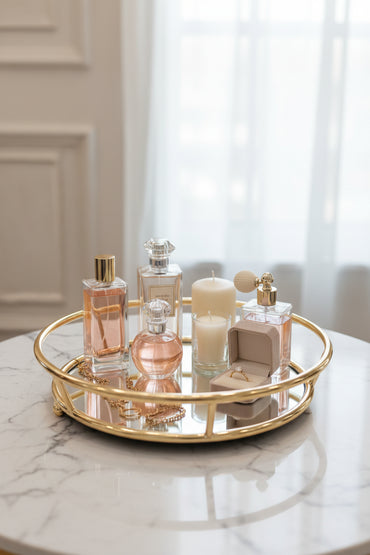 Plateau Décoratif Rond Miroir & Métal Doré