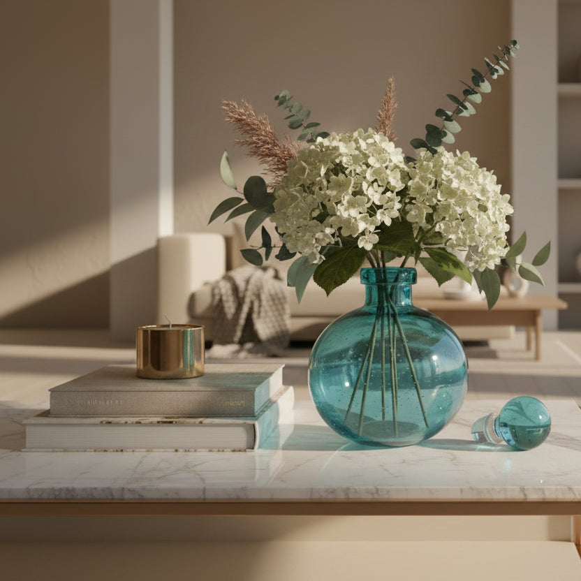 Mini Vase Boule en Verre Bullé Bleu Lagon – Déco Artisanale Rondeur & Douceur