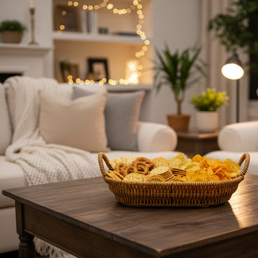 Plateau de Service Tressé avec Poignées – Style Rotin Naturel | Corbeille de Table Chic