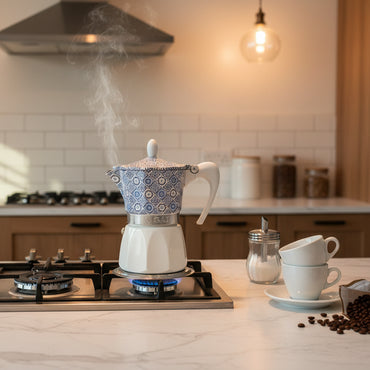 Cafetière Italienne Moka G.A.T. "Fantasia" – Design Azulejos & Corps Aluminium | 3 Tasses