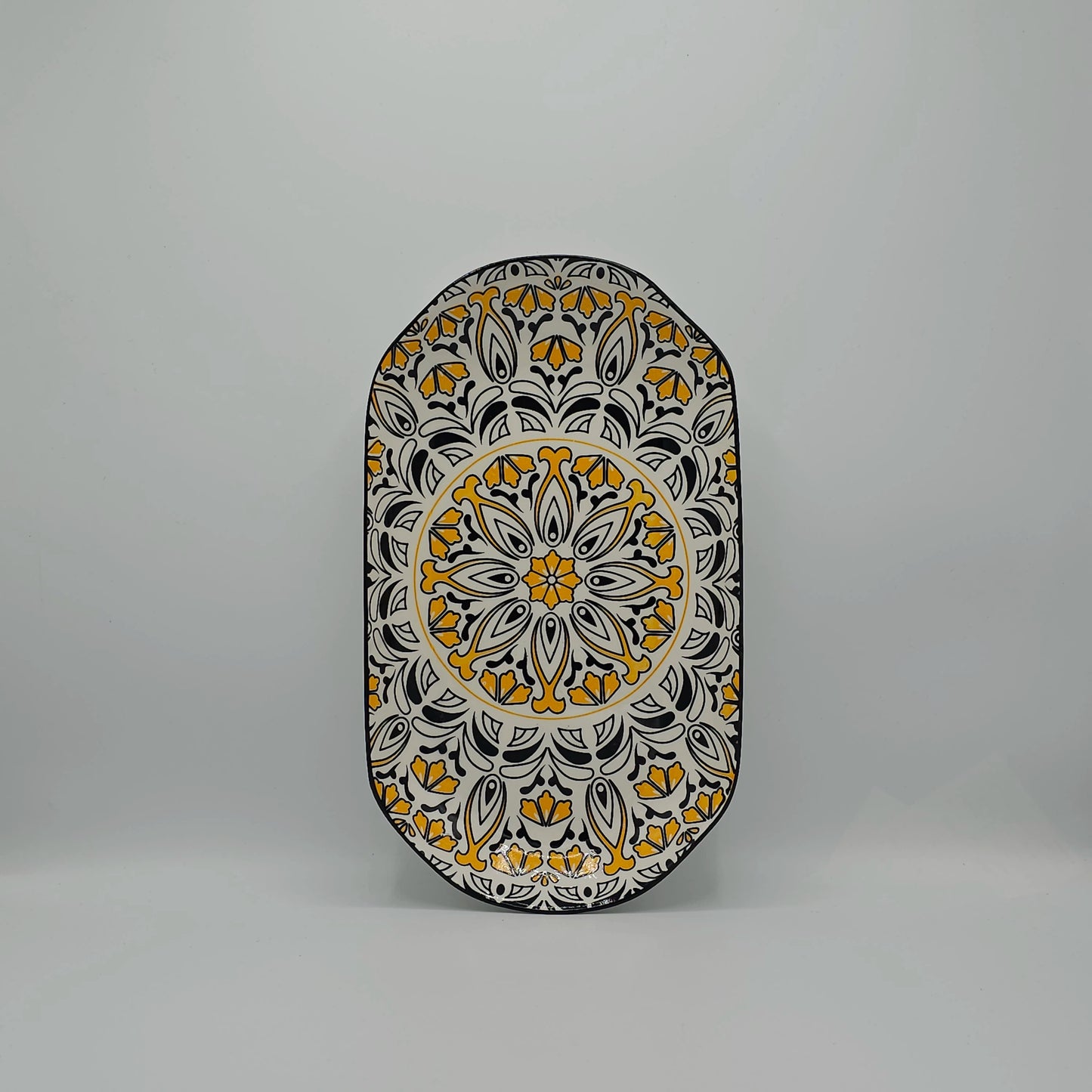 Plat de Service Ovale en Céramique - Motif Mandala Solaire Jaune et Noir