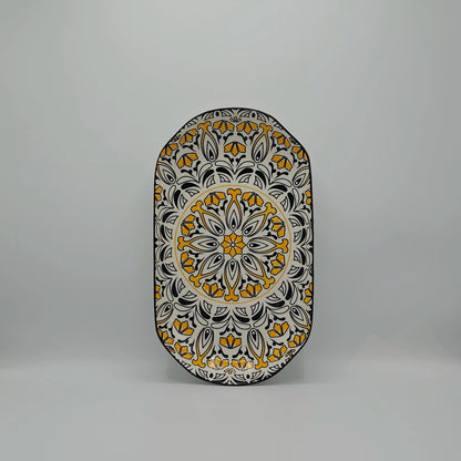 Plat de Service Ovale en Céramique - Motif Mandala Solaire Jaune et Noir