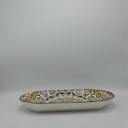 Plat de Service Ovale en Céramique - Motif Mandala Solaire Jaune et Noir