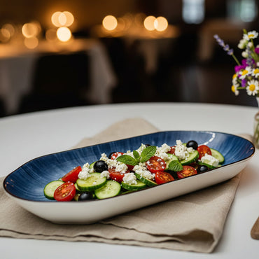 Plat de Service Ovale "Cosmos" – Grès Émaillé Bleu Abyssal & Effet Soleil