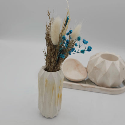 Set de Décoration Artisanale en Béton Blanc – Plateau, Vases Géométriques et Coupelle