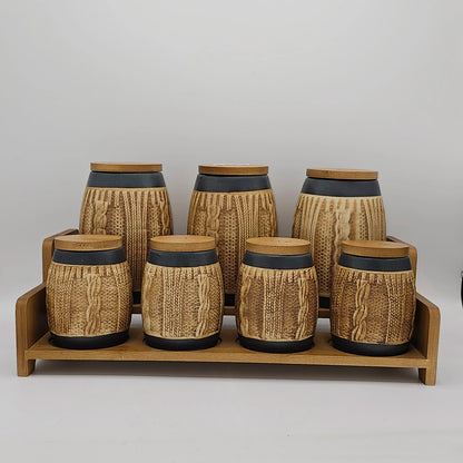 Set de 7 Bocaux à Épices "Cocon" – Céramique Effet Tricot et Support Bambou