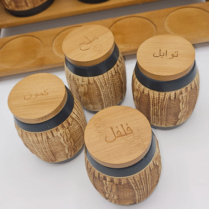 Set de 7 Bocaux à Épices "Cocon" – Céramique Effet Tricot et Support Bambou
