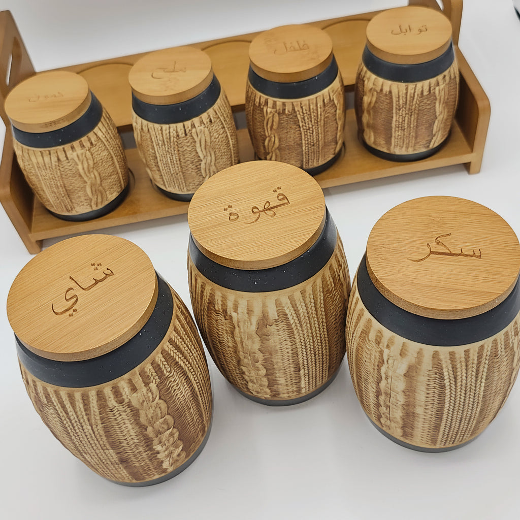 Set de 7 Bocaux à Épices "Cocon" – Céramique Effet Tricot et Support Bambou
