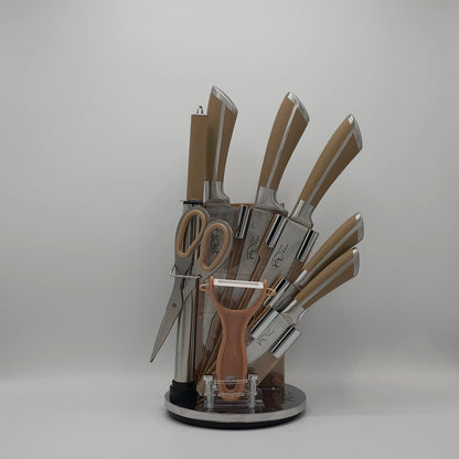 Bloc de Couteaux Cuisine 8 Pièces – Design Ergonomique & Support Rotatif – Beige Sable
