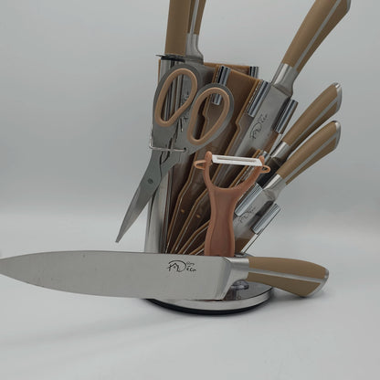 Bloc de Couteaux Cuisine 8 Pièces – Design Ergonomique & Support Rotatif – Beige Sable