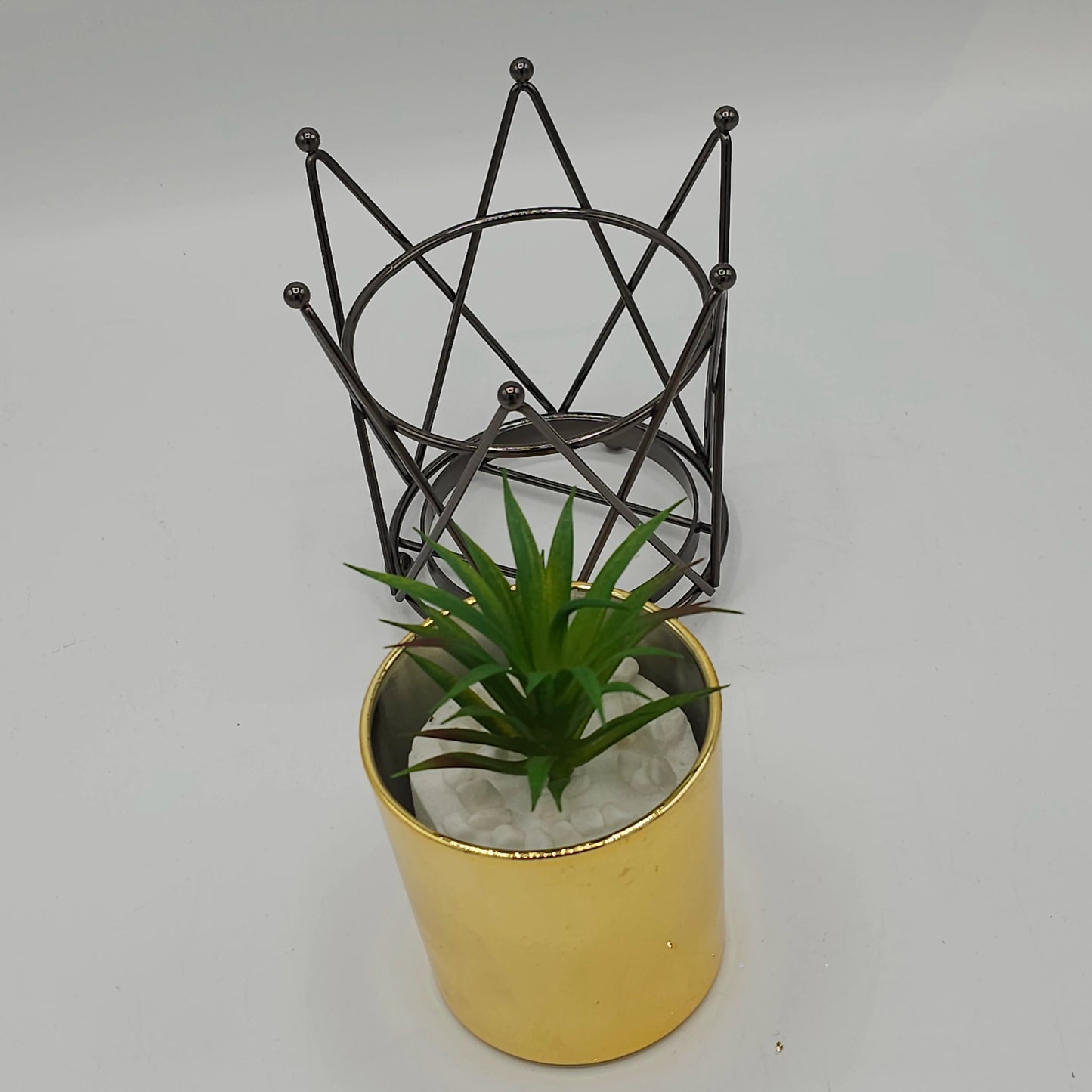 Plante Succulente Artificielle en Pot Doré et Support Couronne Royale – Déco Chic & Glamour