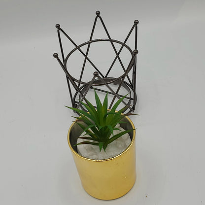 Plante Succulente Artificielle en Pot Doré et Support Couronne Royale – Déco Chic & Glamour