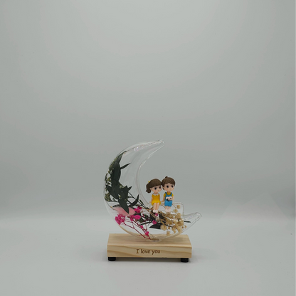 Veilleuse Croissant de Lune "I Love You" – Verre de Prestige et Fleurs Séchées