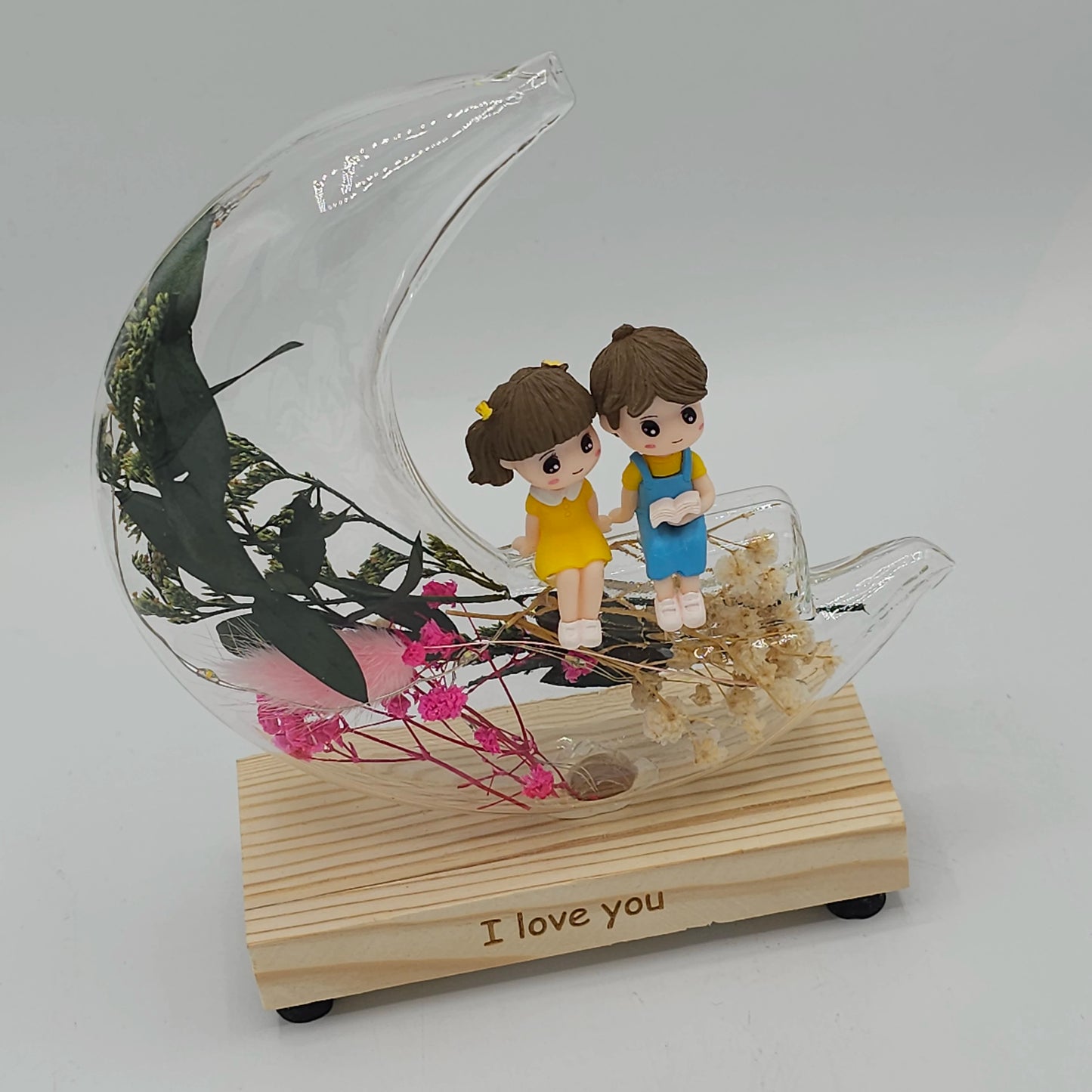 Veilleuse Croissant de Lune "I Love You" – Verre de Prestige et Fleurs Séchées
