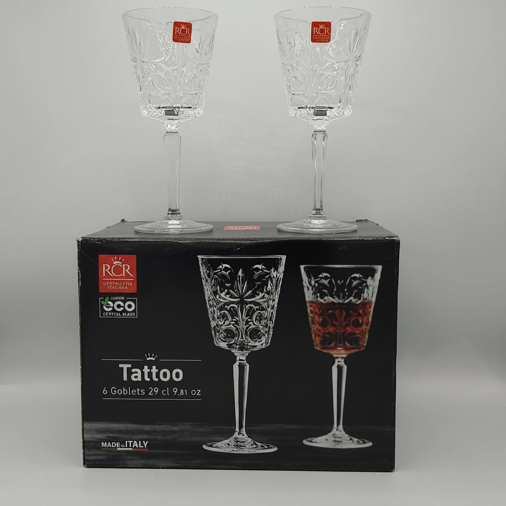 Coffret de 6 Verres à Pied RCR Tattoo – Cristal Luxion Éco-Friendly (29 cl)