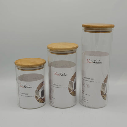 Set de 3 Bocaux de Conservation Swiss Kitchen – Verre Borosilicate & Couvercle en Bambou Naturel