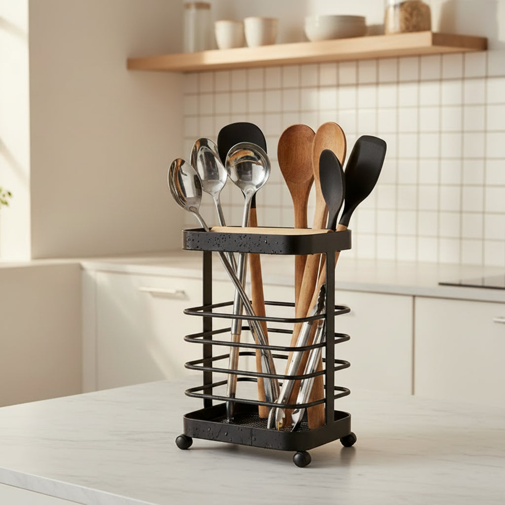 Porte-Ustensiles Design Industriel Noir Mat & Bois – Organisateur de Cuisine Moderne