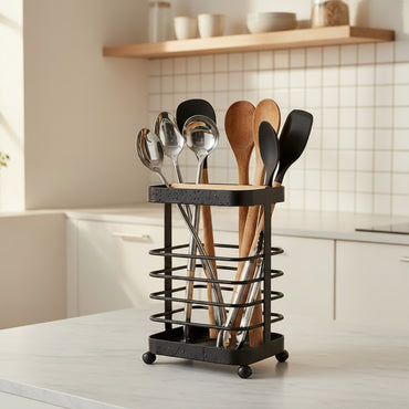 Porte-Ustensiles Design Industriel Noir Mat & Bois – Organisateur de Cuisine Moderne