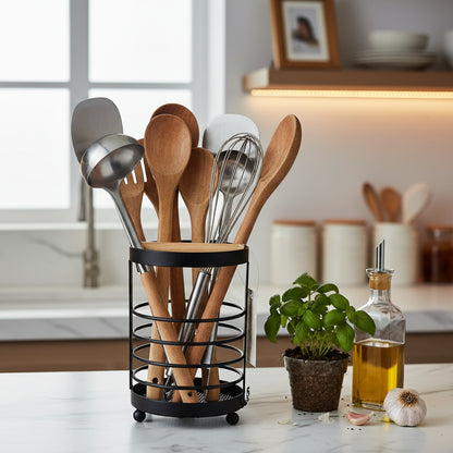 Organisateur de Cuisine Industriel – Porte-Ustensiles en Métal Noir et Bois