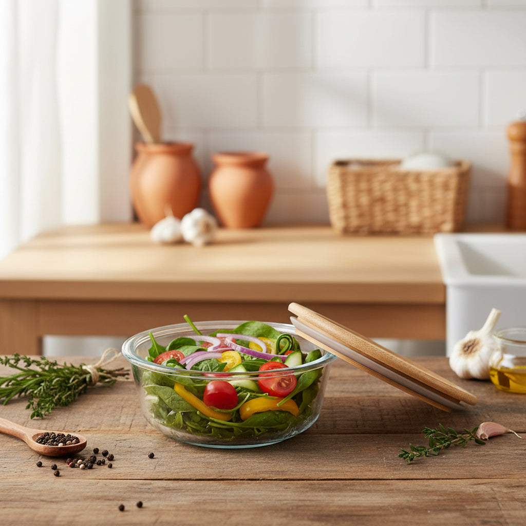 Bol de Conservation en Verre Borosilicate avec Couvercle en Bambou Hermétique