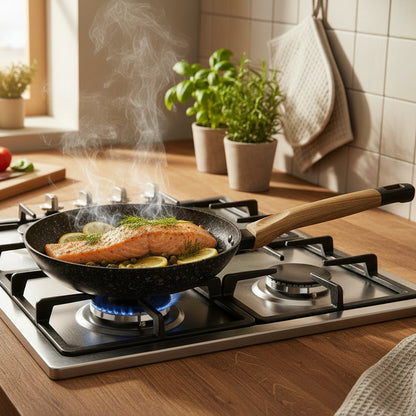 Poêle Antiadhésive Baroly 24cm – Effet Pierre & Manche Finition Bois Ergonomique
