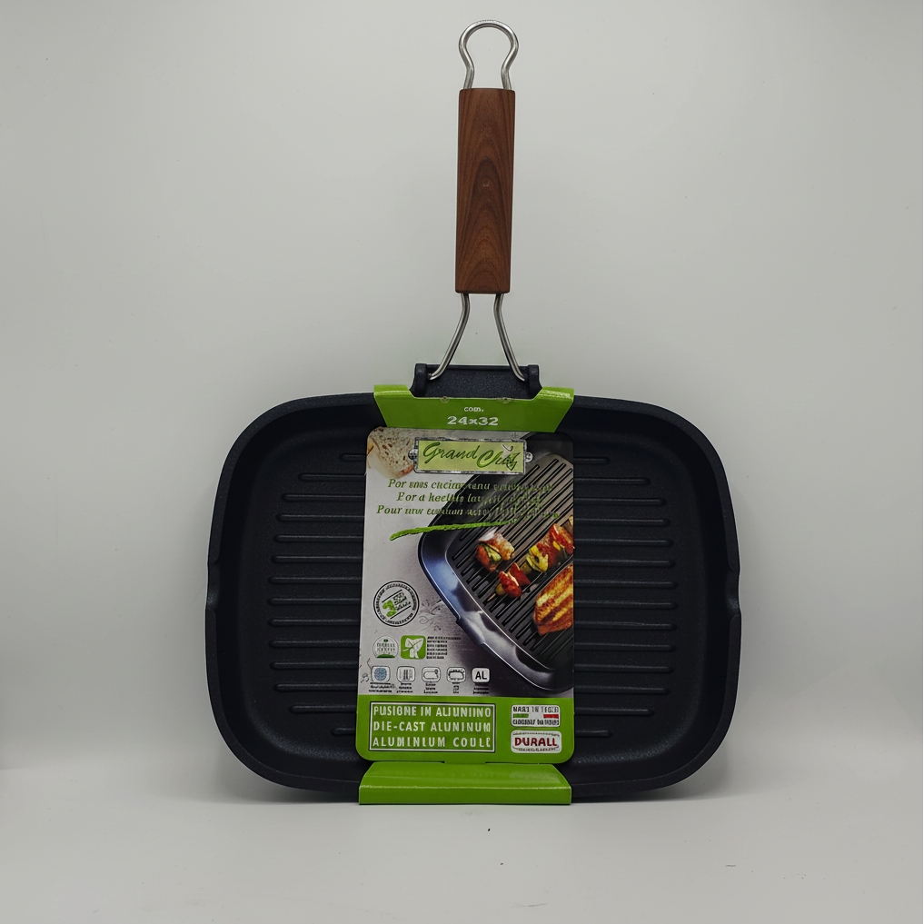 Poêle Grill Rectangulaire Grand Chef 24x32cm – Aluminium Coulé & Manche Bois