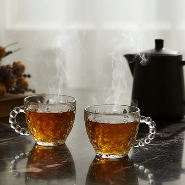 Set de 6 Tasses en Verre Perlé "Cherry Tea" – Élégance Givrée & Design Bulles