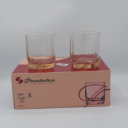 Coffret de 6 Verres Bas Paşabahçe "Luna" - Base Géométrique Teintée Rose (368ml)
