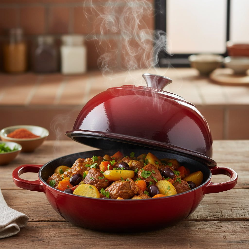 Tajine en Fonte Émaillée Rouge Cerise | Cloche de Cuisson Artisanale Premium