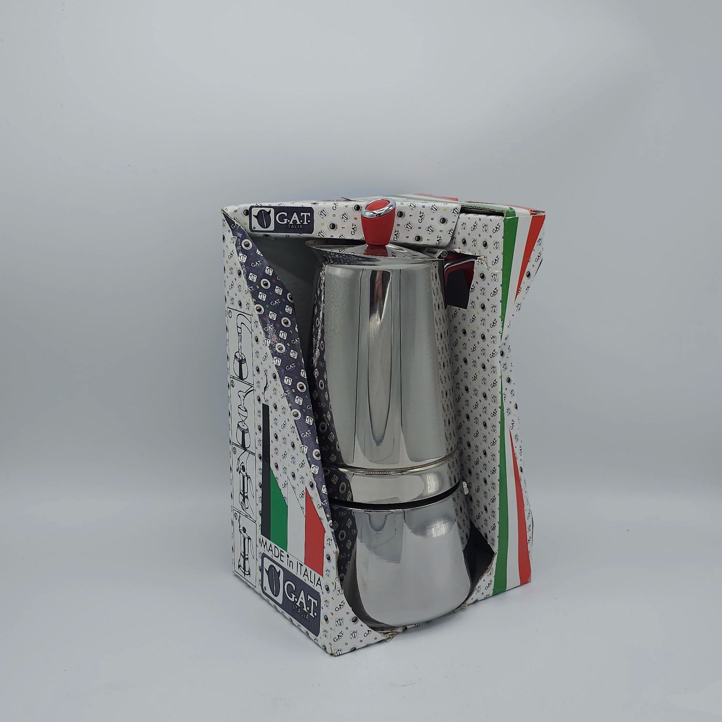 Cafetière Italienne Authentique en Inox G.A.T. - Design Élégant & Poignée Rouge
