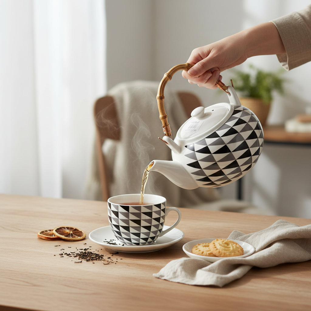 Théière en Céramique Géométrique – Anse en Bambou Naturel