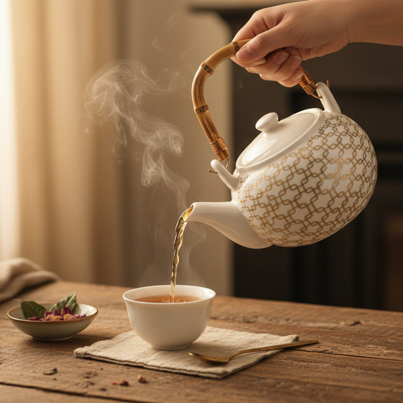 Théière en Céramique Chic Dorée – Anse en Bambou Véritable
