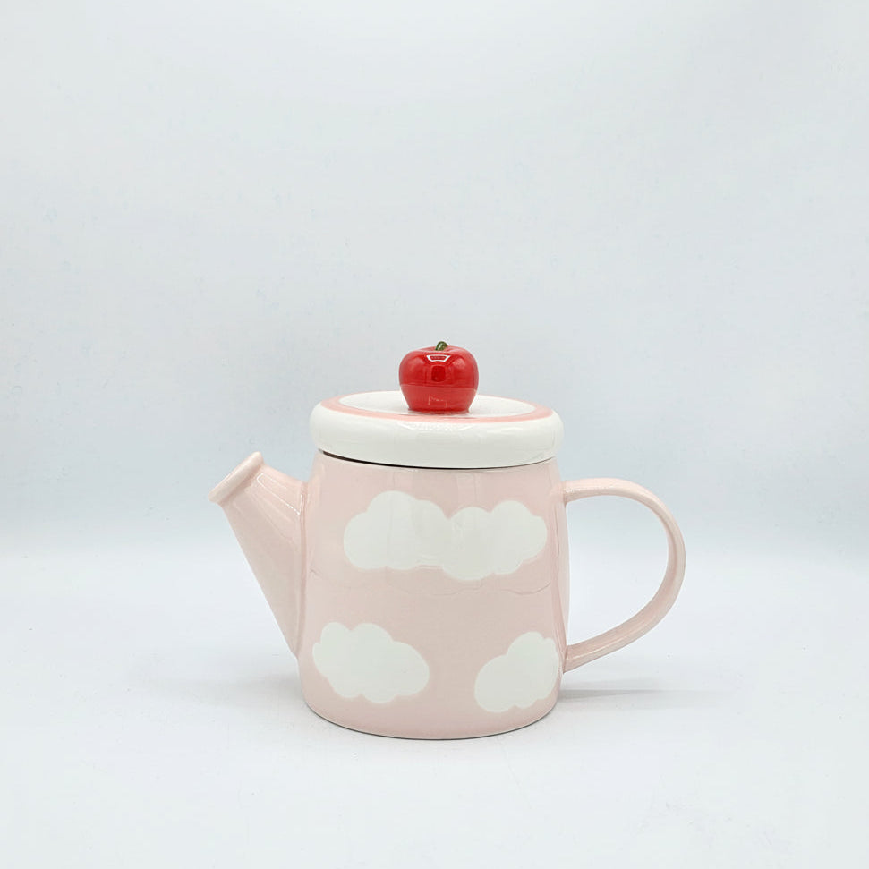 Théière en Céramique Nuage Rose – Couvercle Pomme Rouge Mignon