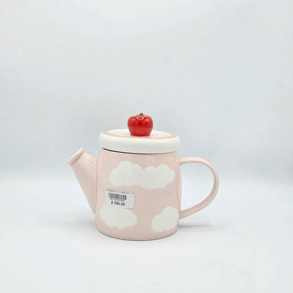 Théière en Céramique Nuage Rose – Couvercle Pomme Rouge Mignon
