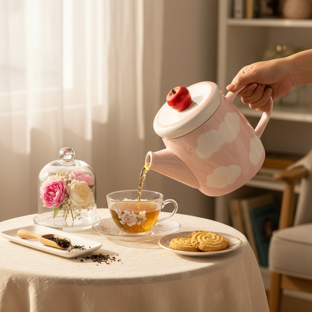 Théière en Céramique Nuage Rose – Couvercle Pomme Rouge Mignon