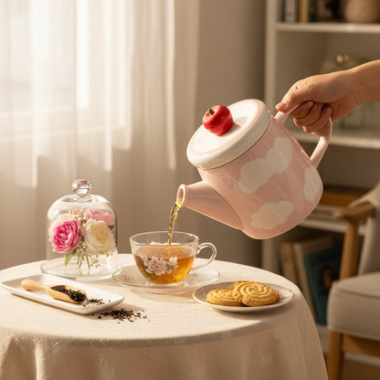 Théière en Céramique Nuage Rose – Couvercle Pomme Rouge Mignon
