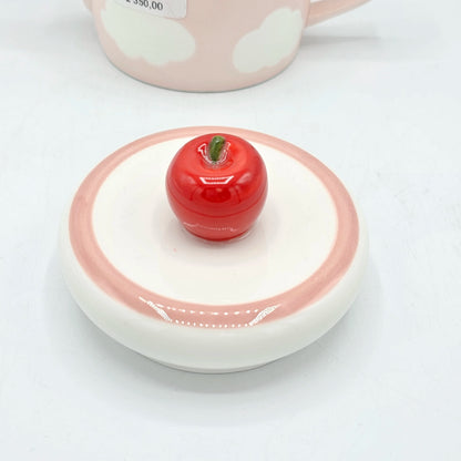 Théière en Céramique Nuage Rose – Couvercle Pomme Rouge Mignon