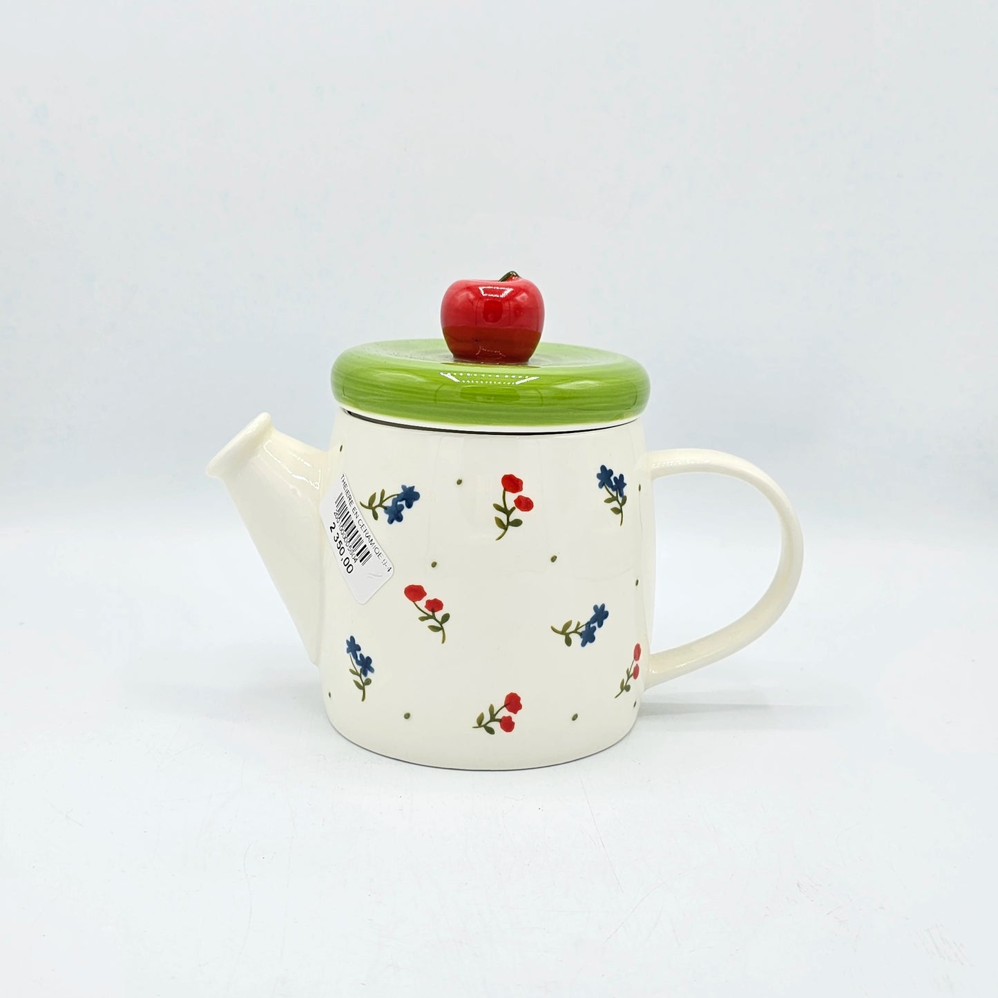 Théière en Céramique Champêtre – Couvercle Vert et Pomme Rouge