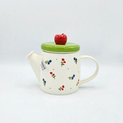 Théière en Céramique Champêtre – Couvercle Vert et Pomme Rouge