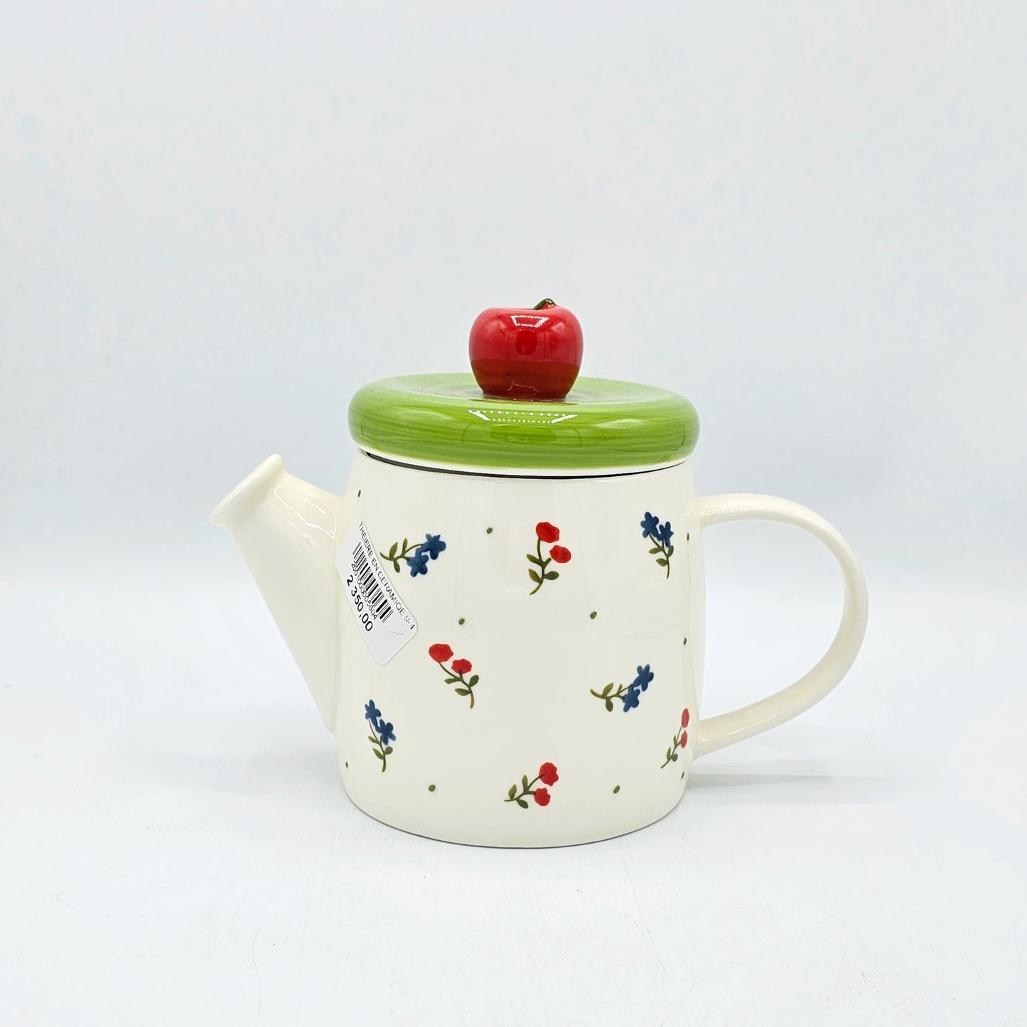 Théière en Céramique Champêtre – Couvercle Vert et Pomme Rouge
