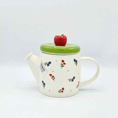 Théière en Céramique Champêtre – Couvercle Vert et Pomme Rouge