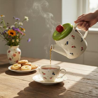 Théière en Céramique Champêtre – Couvercle Vert et Pomme Rouge