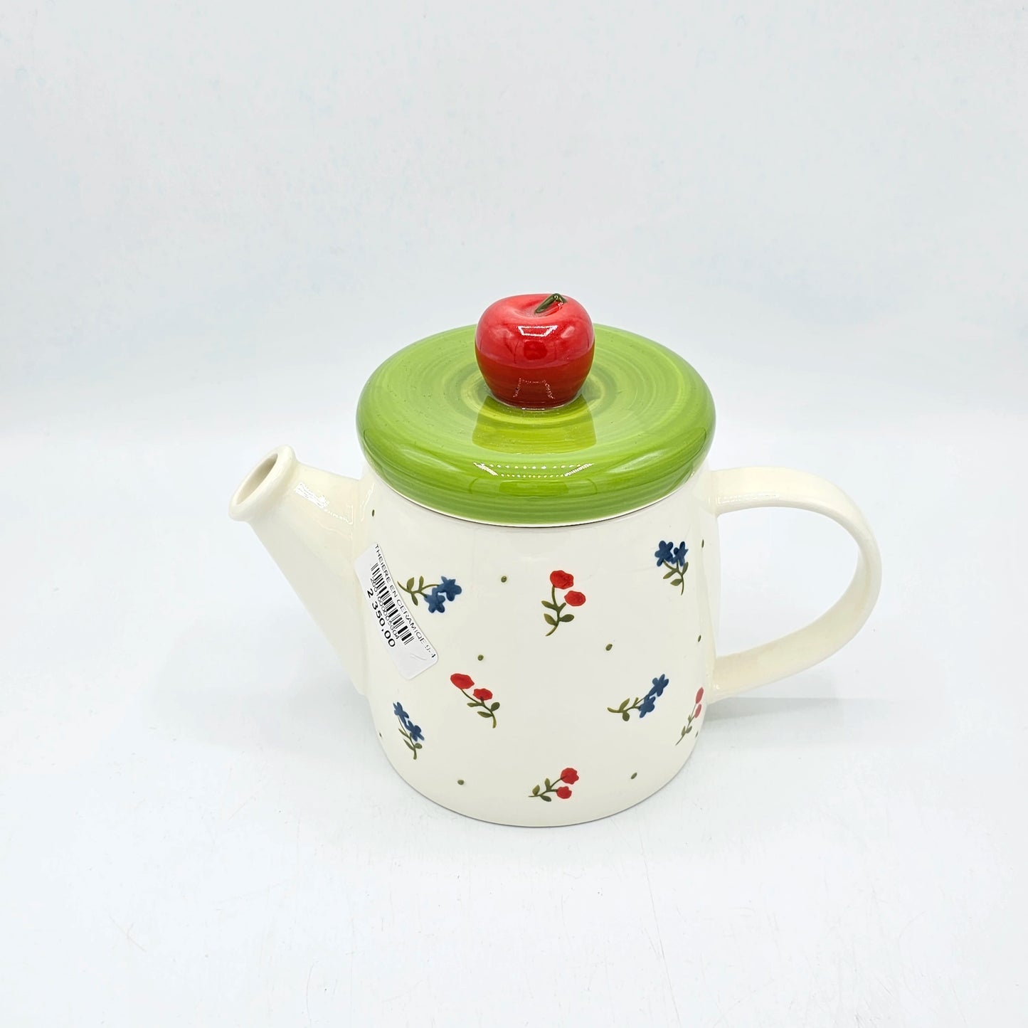 Théière en Céramique Champêtre – Couvercle Vert et Pomme Rouge