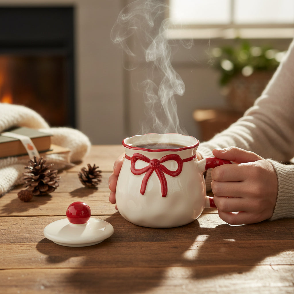 Tasse en Céramique avec Couvercle – Design Nœud Rouge Coquette