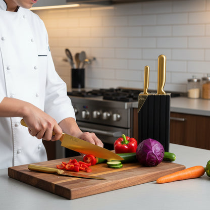 set de Couteaux de Cuisine Dorés –  5 Couteaux Inox & Support Noir Mat